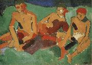 Three people on the lawn